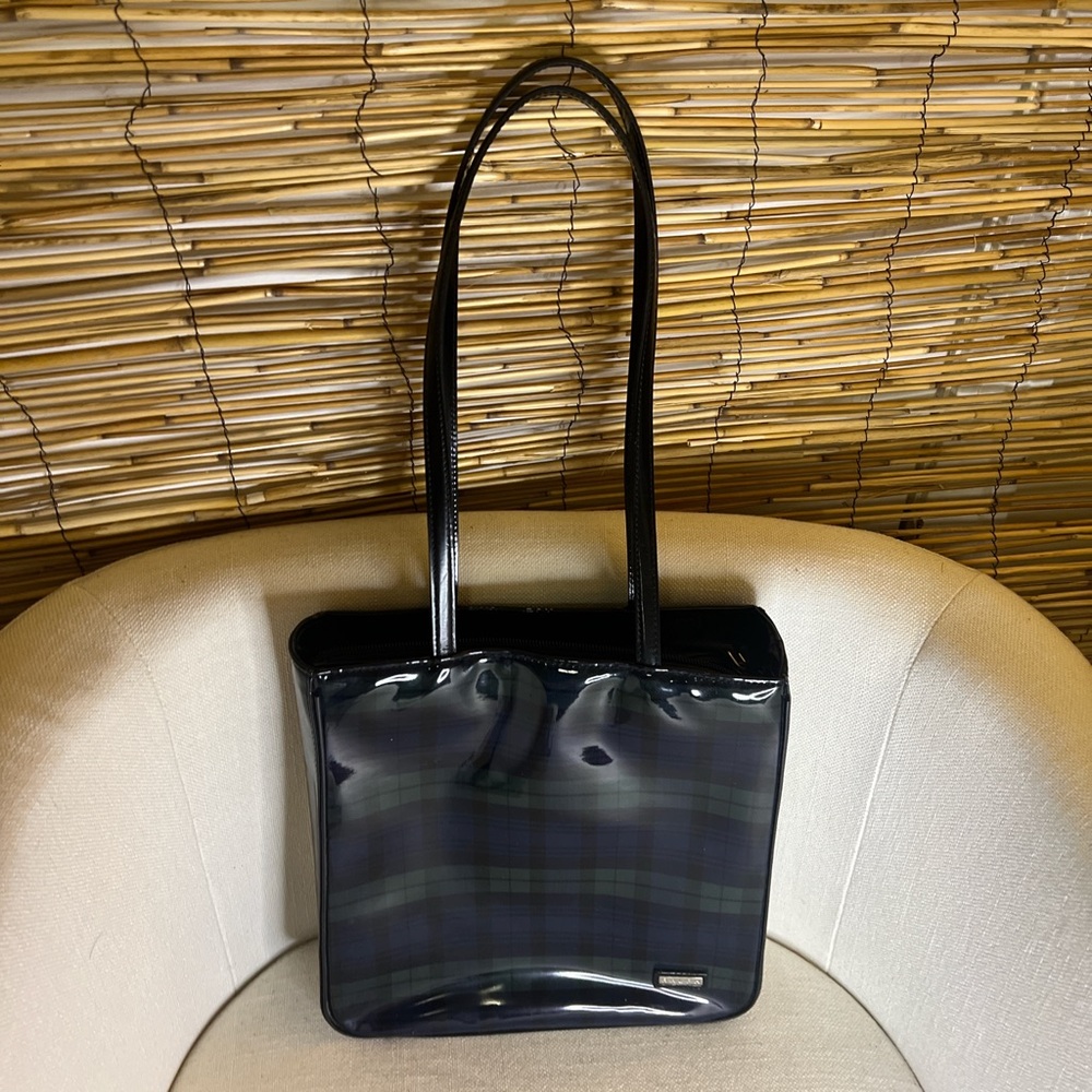 Ralph Lauren Navy and Green  Glossy Plaid Tote